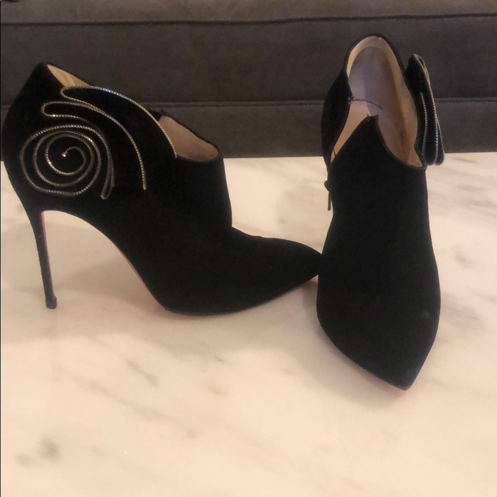Christian Louboutin black suede bootie with flower